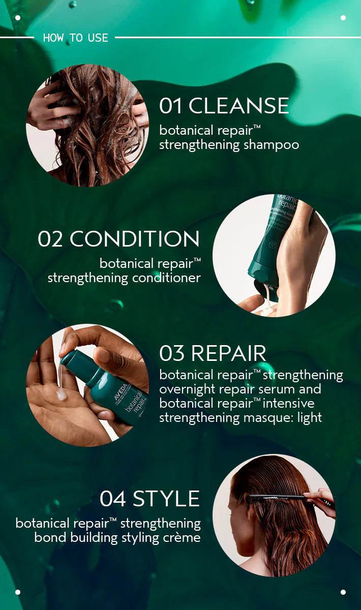 Hair care product usage guide with steps on a green background
