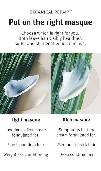 An informational graphic for Botanical Repair hair mask, showing two types of masks: 'Light masque' for fine to medium hair and 'Rich masque' for medium to thick hair, displayed on green leaves.