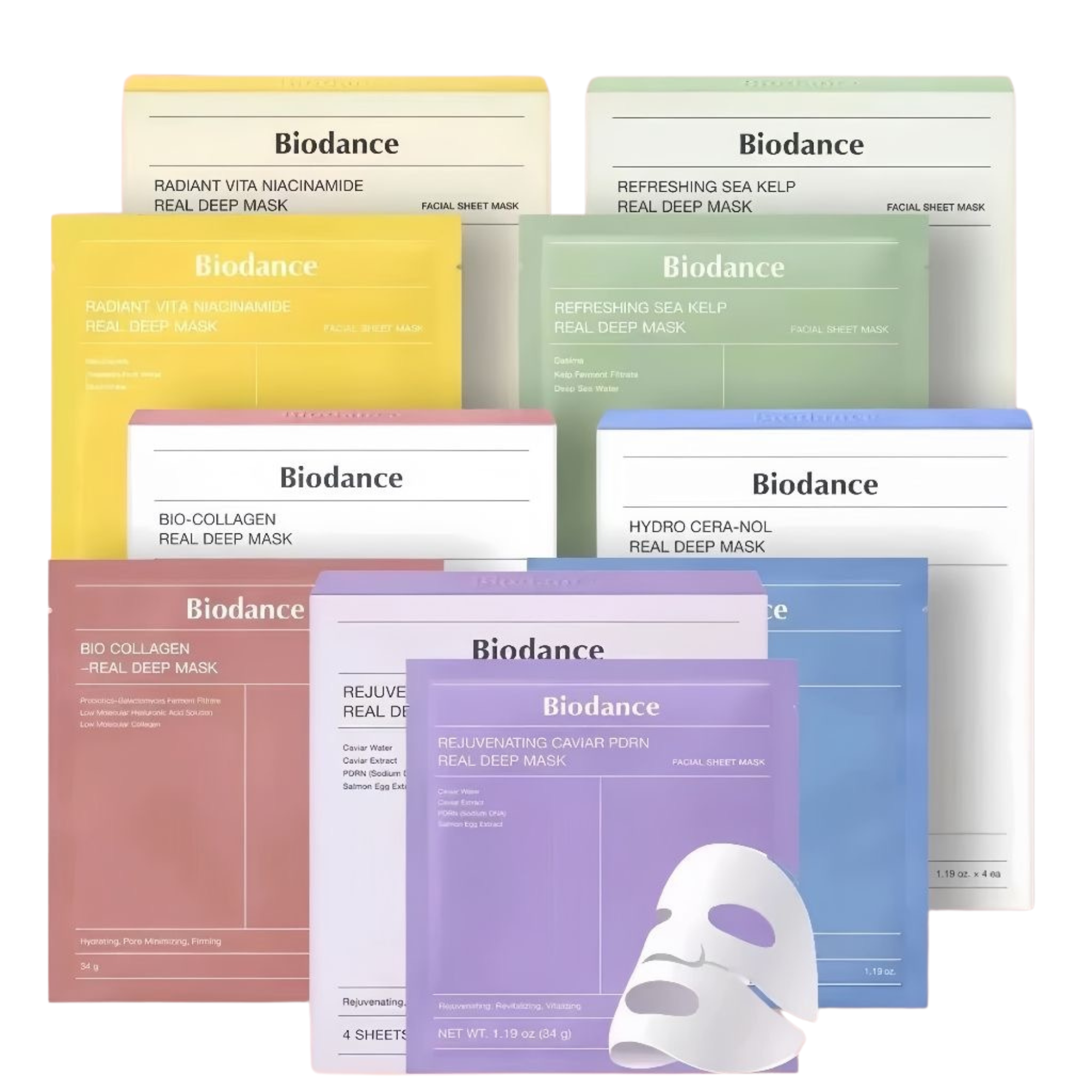 Collection of Biodance real deep masks in various colors on a white background