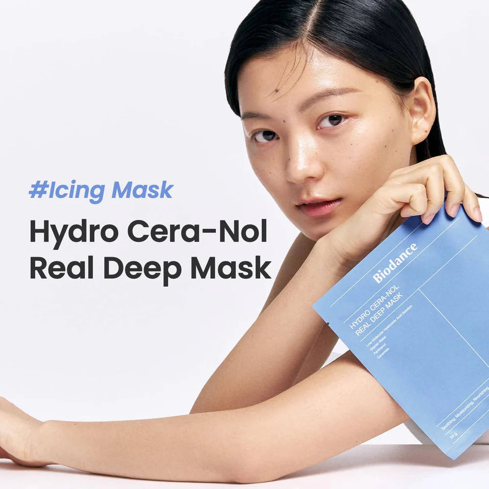 Woman holding a Bioderma mask with text about Hydro Cera-Nol Real Deep Mask on a white background