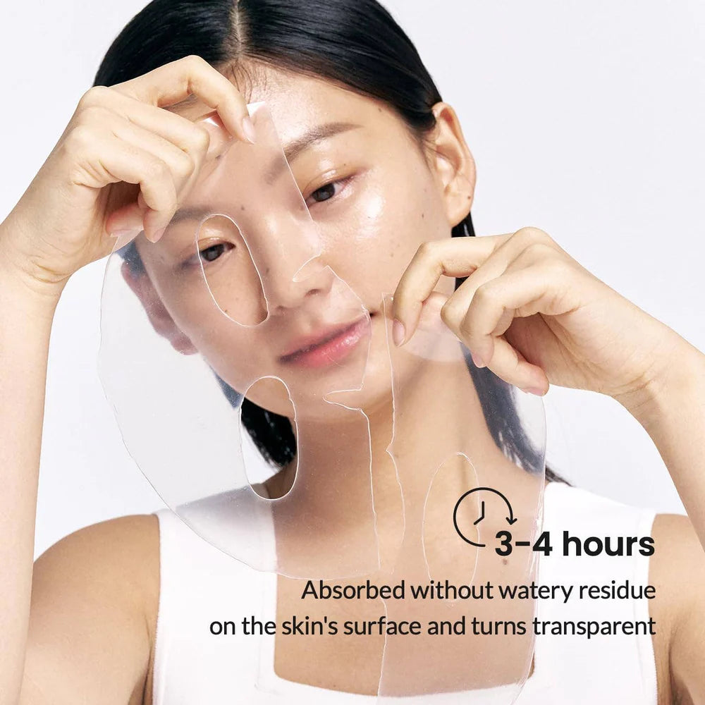 Woman applying a transparent face mask with text about absorption time and residue.