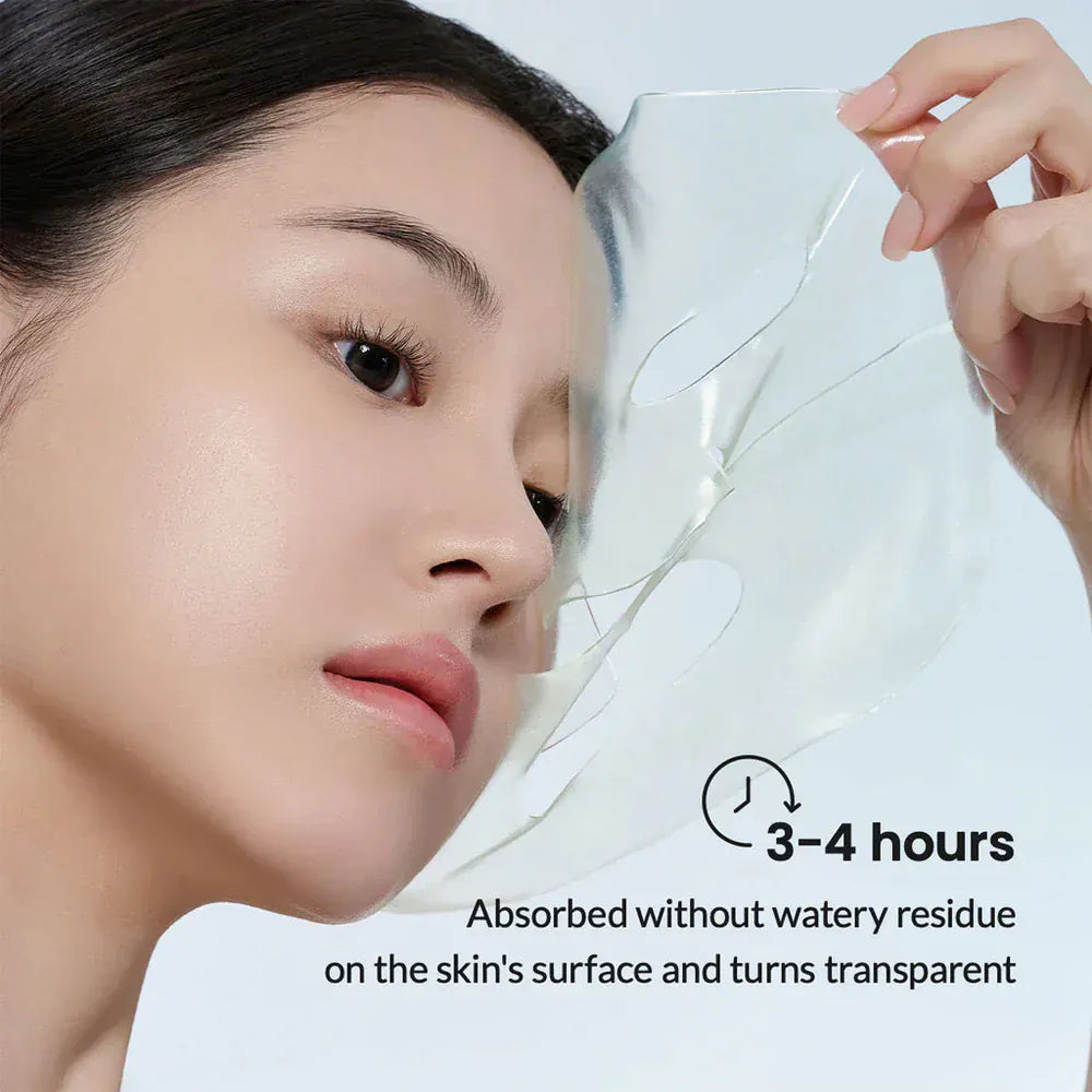 Woman applying a clear sheet mask with text about absorption time and residue.