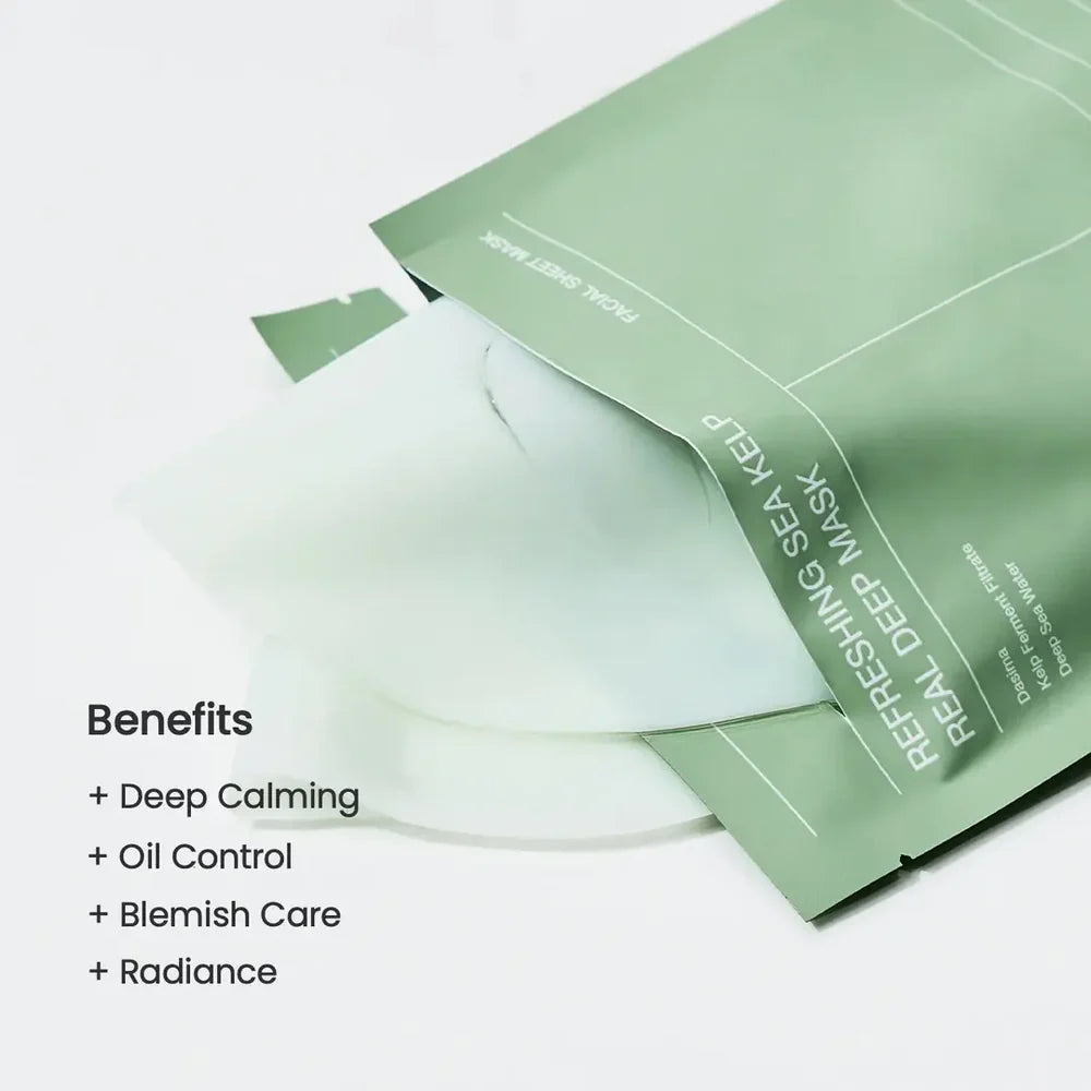 Green facial mask packaging with text on a white background