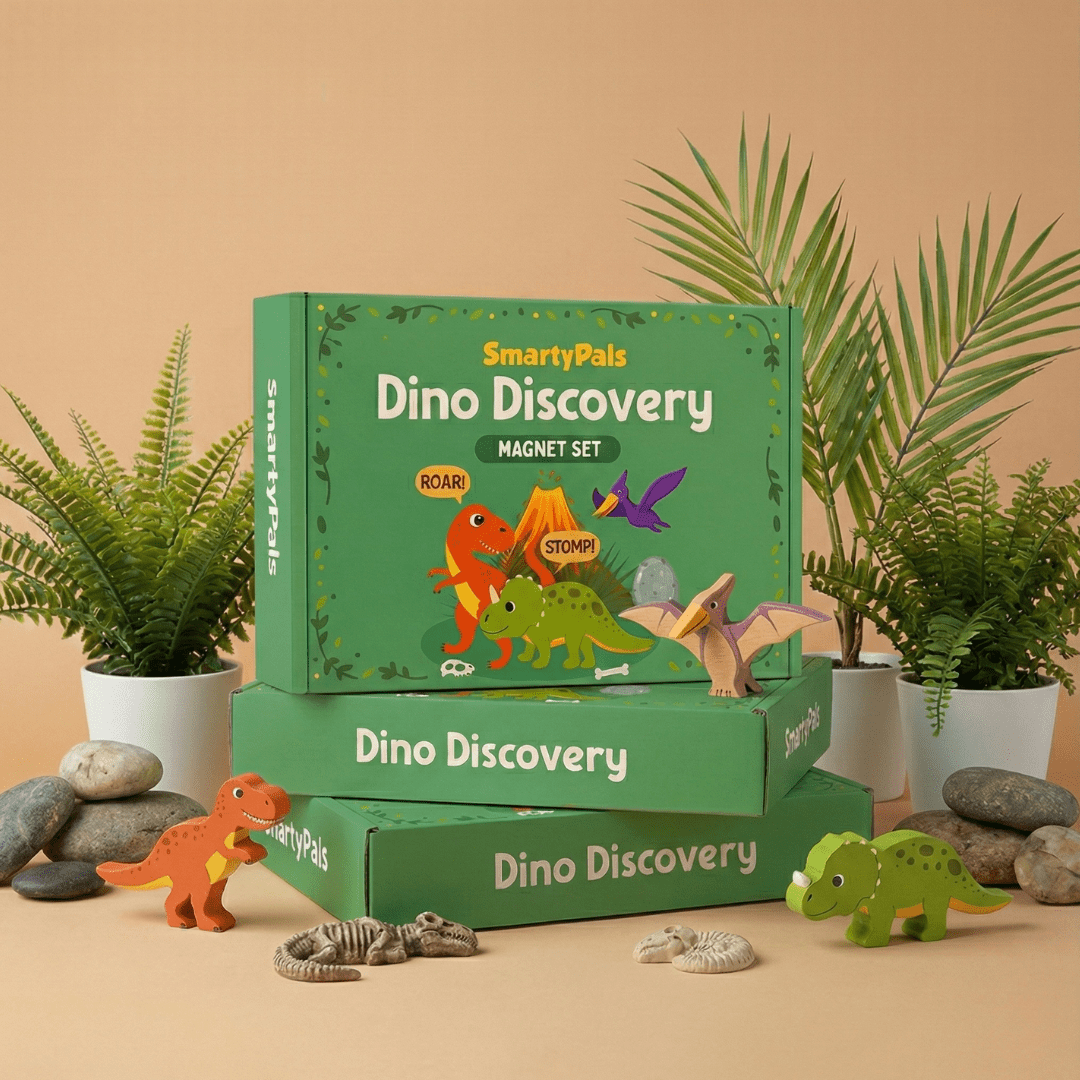 Smartypals Dino Discovery magnet set packaging with dinosaur toys on a beige background