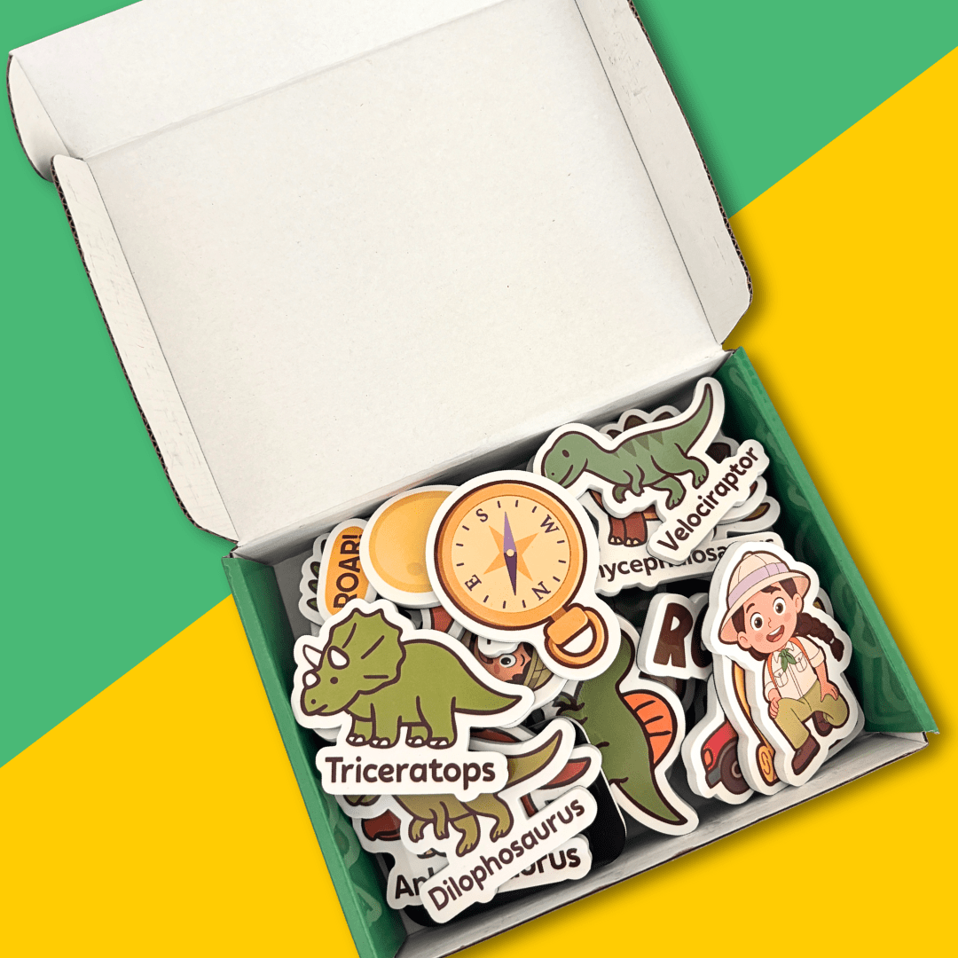 Set of dinosaur-themed stickers in a box on a green and yellow background