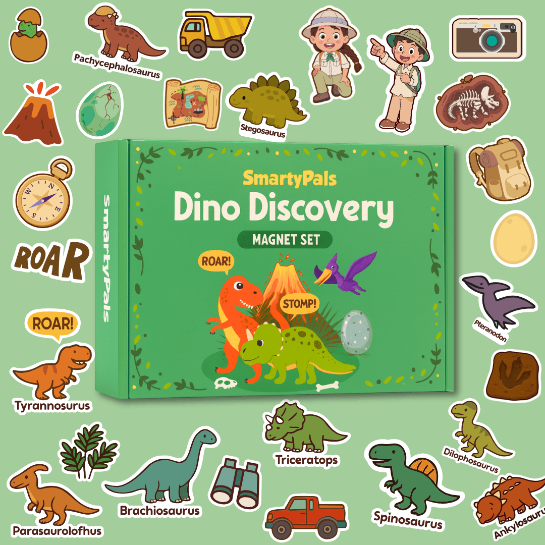 A children's dinosaur-themed magnetic toy set box labeled 'SmartyPals Dino Discovery MAGNET SET' surrounded by illustrated dinosaur stickers and educational icons on a light green background.