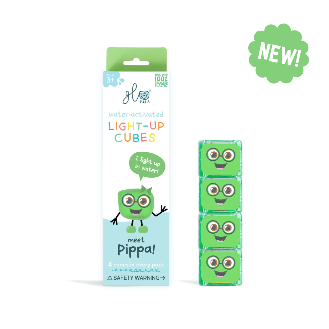 Packaging of Glo Pals light-up cubes with a cartoon character on a white background
