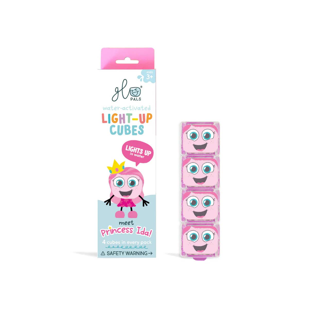 A pack of four 'Light-Up Cubes' by gl. PALS next to their retail packaging box.