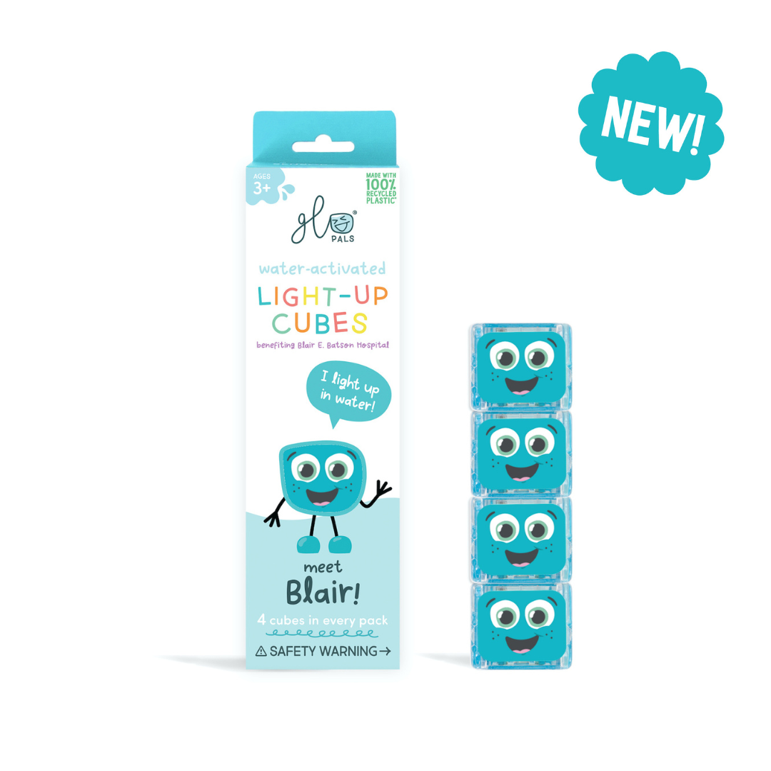 Packaging of light-up cubes with a character named Blair on a white background