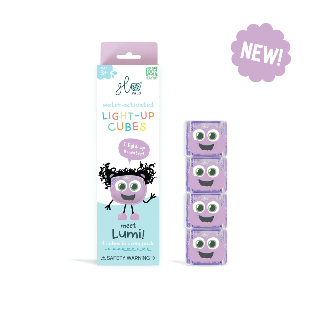 Packaging of water-activated light-up cubes with a cartoon character on a white background