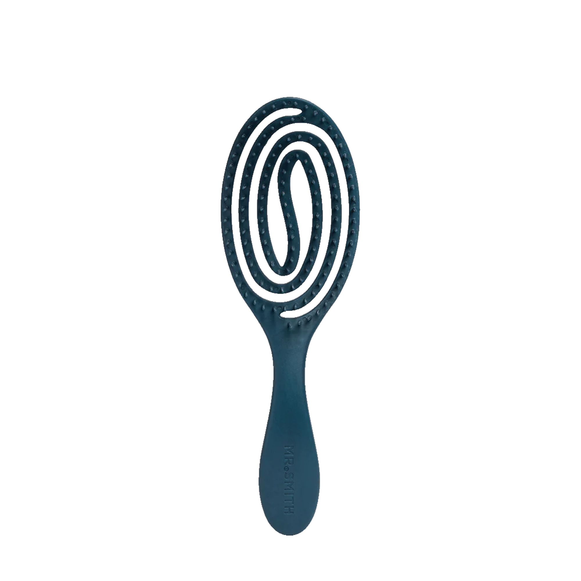 A navy blue detangling brush with a curved handle and flexible bristles.